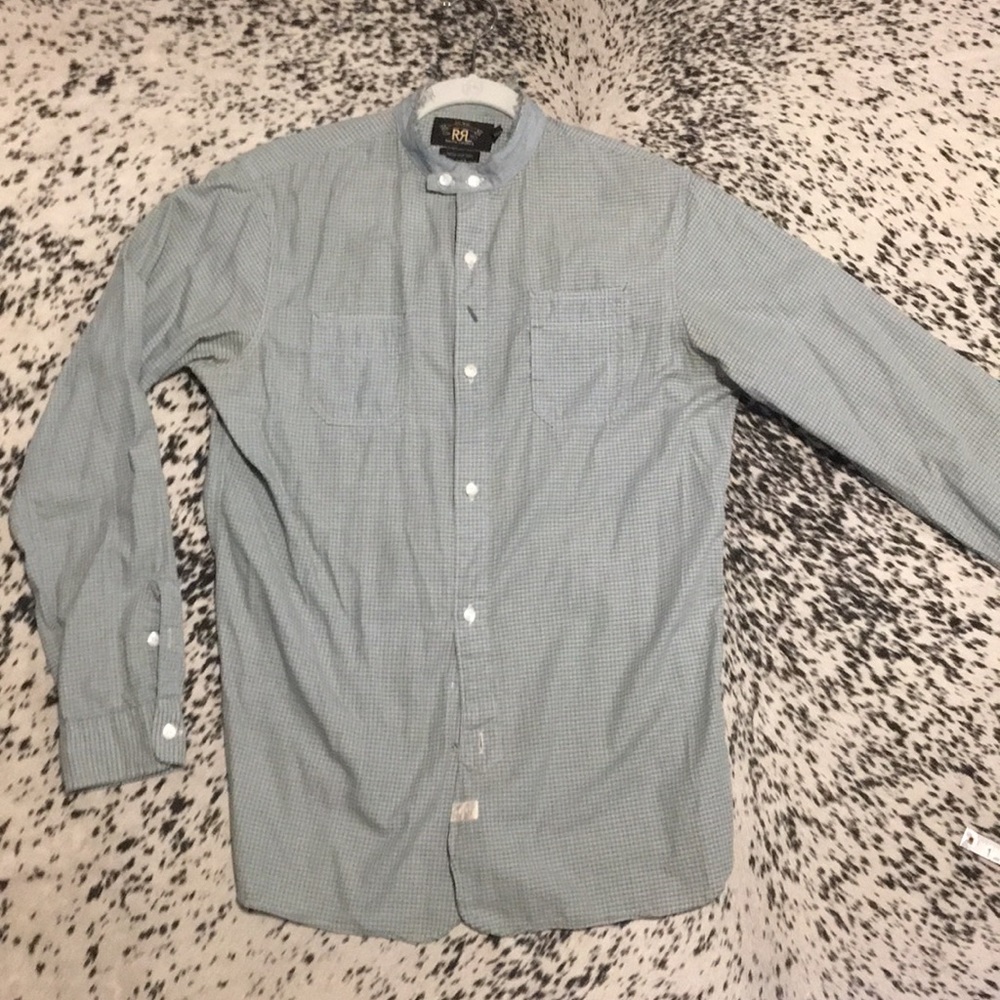 RRL frayed band collar shirt.